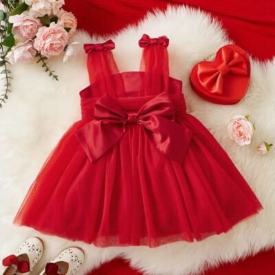 Elegant Red Tulle Bow Dress for Baby Girls