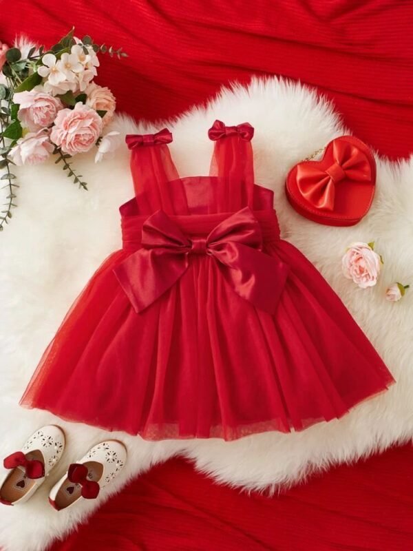 Elegant Red Tulle Bow Dress for Baby Girls