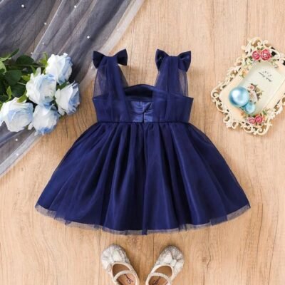 Royal Navy Blue Tulle Dress for Baby Girls with Satin Bow Straps