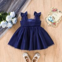 Royal Navy Blue Tulle Dress for Baby Girls with Satin Bow Straps